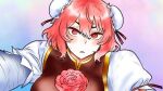  1girl bun_cover cardigan close-up commentary double_bun english_commentary hair_bun highres ibaraki_kasen jusnjuans looking_at_viewer open_mouth pink_cardigan pink_eyes pink_hair reaching reaching_towards_viewer short_hair short_sleeves sweatdrop touhou upper_body v-shaped_eyebrows 
