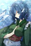  1girl arm_between_breasts between_breasts blue_hair breasts green_kimono head_fins highres japanese_clothes katsuobushi_(eba_games) kimono long_sleeves medium_breasts mermaid monster_girl obi sash short_hair solo touhou underwater wakasagihime 