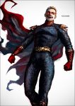  1boy blonde_hair blue_bodysuit bodysuit cape clenched_hands gloves glowing glowing_eyes gradient_background homelander k-suwabe looking_at_viewer male_focus open_mouth red_cape red_gloves short_hair smile solo superhero_costume teeth the_boys upper_teeth_only 