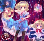  1girl alice_margatroid black_pantyhose blonde_hair blue_dress blue_eyes blurry blurry_foreground boots brown_boots bubble capelet curtains doll dress hairband highres medium_hair pantyhose puppet_strings red_background red_hairband red_ribbon ribbon shanghai_doll short_sleeves smile solo stage_curtains torii_sumi touhou white_capelet 