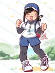  1girl artist_logo backpack bag baseball_cap black_hair black_pantyhose blue_hat blue_skirt closed_eyes commentary_request dated facing_viewer fubuki_(kancolle) full_body hair_wagging hat kantai_collection kutone_shirika logo low_ponytail open_mouth outdoors pantyhose ponytail shirt shoes sidelocks skirt smile solo t-shirt undershirt watermark white_shirt white_shoes 