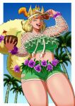 1girl animal_ears animal_on_head bikini bikini_shorts blonde_hair breasts brown_tail coconut coconut_cup coconut_tree earrings fluffy_tail green_eyes highres hoop_earrings jewelry kitsune23star large_breasts marvel marvel_rivals official_alternate_costume official_alternate_hairstyle on_head one_eye_closed palm_tree shorts shrug_(clothing) smile squirrel squirrel_ears squirrel_girl squirrel_girl_(marvel) squirrel_girl_(sunshine_squirrel)_(marvel) squirrel_tail swimsuit tail tippy-toe tree visor_cap 