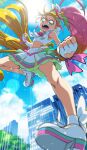  1girl blonde_hair cure_summer earrings elbow_gloves fingerless_gloves flower gloves green_eyes hair_flower hair_ornament highres jewelry long_hair looking_at_viewer magical_girl midriff multicolored_hair open_mouth pink_hair precure side_ponytail skirt solo sun tj-type1 tropical-rouge!_precure very_long_hair white_gloves 