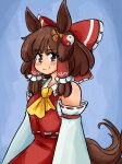  animal_ears ascot blue_background blush_stickers bow brown_eyes brown_hair chest_sarashi crossover detached_sleeves hair_bow hair_tubes hakurei_reimu highres horse_ears horse_girl horse_tail kemonomimi_mode looking_at_viewer mcsquiddies medium_hair red_shirt red_skirt sarashi shirt sidelocks simple_background skirt smile tail touhou umamusume upper_body yellow_ascot 