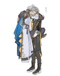  2boys absurdres antenna_hair armor back black_boots black_coat black_gloves black_pants blue_cape boots caelus_(honkai:_star_rail) cape carrying carrying_person chain closed_eyes coat commentary_request covered_mouth fingerless_gloves fingernails full_body gloves gold_chain grey_hair hair_between_eyes highres honkai:_star_rail honkai_(series) hood hooded_coat hug j7bge04 jacket lapels leg_lock long_sleeves male_focus multiple_boys open_clothes open_coat pants phainon_(honkai:_star_rail) shirt short_hair shoulder_armor simple_background standing sun_symbol t-shirt trailblazer_(honkai:_star_rail) two-sided_cape two-sided_coat two-sided_fabric white_background white_jacket white_shirt yaoi yellow_cape yellow_collar 