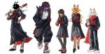  1boy 1other 3girls alternate_costume barefoot baseball_bat black_jacket black_pants black_skirt blonde_hair blood blood_on_weapon colored_skin december_holiday deltarune furry furry_female furry_male glasses goat_boy goat_horns group_picture hand_in_pocket hand_on_own_hip hands_in_pockets highres holding holding_baseball_bat hooves horns jacket kris_(deltarune) long_hair multiple_girls neckerchief noelle_holiday nuclearbandage over_shoulder pants pink_skin ralsei red_jacket red_neckerchief red_scarf red_shoes round_eyewear sailor_collar scarf school_uniform serafuku shaded_face shoes simple_background sketch skirt sneakers standing susie_(deltarune) weapon weapon_over_shoulder white_background 