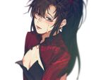  1boy alternate_costume black_dress black_hair blurry blush brown_hair china_dress chinese_clothes cleavage_cutout clothing_cutout crossdressing depth_of_field dress grey_eyes hair_between_eyes high_ponytail jujeop korean_commentary long_hair looking_at_viewer male_focus modao_zushi nipple_slip nipples open_mouth parted_lips pectorals ponytail red_shrug revealing_clothes sidelocks simple_background smile solo sweat trap upper_body wei_wuxian white_background 