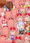  &gt;_&lt; +_+ 6+girls absurdres agnes_digital_(umamusume) animal_ears black_jacket black_skirt blood blue_bow blue_bowtie blue_eyes blue_jacket blue_sleeves blush book bow bowtie braid brown_hair casual closed_eyes collared_shirt crowd detached_sleeves ear_bow ear_covers frilled_sleeves frills grey_hair hair_between_eyes hair_bow haru_urara_(umamusume) highres horse_ears horse_girl horse_tail ikuno_dictus_(umamusume) jacket long_braid long_hair long_sleeves mejiro_mcqueen_(umamusume) multicolored_hair multiple_girls multiple_persona nosebleed official_alternate_costume open_mouth pink_hair pink_sweater pleated_skirt ponytail puffy_sleeves purple_shirt purple_skirt reading red_bow red_hair red_trim sailor_collar saliva school_uniform serafuku shirt short_hair sidelocks skirt sleeve_cuffs smile super_creek_(umamusume) sweater tail tokai_teio_(umamusume) tracen_school_uniform two-tone_hair umamusume waving white_bow white_bowtie white_hair white_jacket yamashita_momiyo yellow_bow 