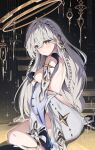  1girl absurdres backless_dress backless_outfit bare_back bare_shoulders black_gloves blush breasts commentary dress from_side genshin_impact gloves grey_hair hands_up highres istaroth_(genshin_impact) large_breasts long_hair looking_at_viewer looking_to_the_side median_furrow orange_pupils paid_reward_available parted_lips shoulder_blades sideboob sitting solo very_long_hair wariza white_dress yellow_eyes yeni1871 