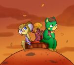 2020 3_toes accessory alice_(animal_crossing) animal_crossing anthro arms_bent autumn bear bent_legs big_nose black_eyes black_nose blonde_hair blue_eyes blue_stripes bottomless bottomless_anthro bottomless_female brown_hair charlise_(animal_crossing) closed_frown clothed clothed_anthro clothed_female clothing cloud colored cookieboy011 digital_drawing_(artwork) digital_media_(artwork) dress duo english_description evening feet female female_anthro freckled_face freckles frown fur grass green_body green_fur green_tail grey_inner_ear hair hair_accessory jacket koala larger_anthro larger_female leaf light lighting looking_at_another mammal marsupial mouth_closed multicolored_clothing multicolored_dress nintendo orange_clouds orange_sky outside pattern_clothing pattern_dress pink_freckles pink_nose plant red_clothing red_jacket red_stripes red_topwear sad shaded short_hair sitting size_difference sky sleeveless_jacket smaller_anthro smaller_female story story_in_description striped_clothing striped_dress stripes tail thin_eyebrows toes topwear tree vombatiform white_clothing white_dress yellow_body yellow_fur yellow_inner_ear