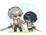  2boys abi_07km ascot belt black_gloves black_pants black_shoes blue_hair breath closed_eyes cloud coat collared_coat commentary_request dark-skinned_male dark_skin double-parted_bangs frilled_sleeves frills gloves grass grey_hair hair_between_eyes hairband holding holding_sword holding_weapon horns jitome long_sleeves male_focus metal_hairband metaphor:_refantazio multiple_boys open_clothes open_coat outstretched_arm pants patterned_clothing protagonist_(metaphor:_refantazio) shirt shirt_tucked_in shoes short_hair sky sleeping standing strohl_(metaphor:_refantazio) sweatdrop sword twitter_username weapon white_ascot white_background white_coat white_shirt wing_collar yellow_coat zzz 