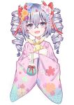  1girl :d bangs blue_flower bow bronya_zaychik doll drill_hair flower grey_eyes grey_hair hair_between_eyes hair_bow hair_flower hair_ornament highres holding homu_(honkai_impact) honkai_(series) honkai_impact_3rd japanese_clothes kimono long_sleeves looking_at_viewer open_mouth pink_flower pink_kimono simple_background smile solo twin_drills white_background wu_wang yellow_flower 