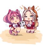  2girls :d ahoge animal_ears ball blue_eyes bow brown_hair chibi commentary_request ear_bow flower-shaped_pupils forehead grey_hair hairband haru_urara_(umamusume) highres horse_ears horse_girl horse_tail jacket moko39_takasora multicolored_hair multiple_girls orfevre_(umamusume) pink_hair purple_eyes purple_hairband red_jacket red_shorts shoes shorts smile soccer_ball standing standing_on_one_leg symbol-shaped_pupils tail track_jacket two-tone_hair umamusume v-shaped_eyebrows white_background white_bow white_shoes 