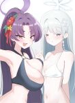  absurdres asymmetrical_docking bikini black_bikini blue_archive blush breast_press breasts commentary fang flower hair_flower hair_ornament halo highres holding_hands large_breasts looking_at_viewer nagusa_(blue_archive) nagusa_(swimsuit)_(blue_archive) o-ring o-ring_bikini open_mouth peeeeee5765 ponytail purple_eyes purple_hair shirt skin_fang swimsuit white_bikini white_eyes white_shirt yukari_(blue_archive) yukari_(swimsuit)_(blue_archive) 