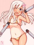  1girl alternate_costume artist_logo bikini blonde_hair blue_eyes commentary_request cosplay covered_nipples cowboy_shot dated flower gold_bikini gradient_background groin hair_flower hair_ornament kanon_(kurogane_knights) kantai_collection logo long_hair micro_bikini one-hour_drawing_challenge one-piece_tan pink_background ro-500_(kancolle) side-tie_bikini_bottom solo swimsuit tan tanlines torpedo_launcher 