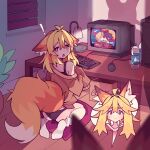  ! 2girls :&gt; ahoge animal_ear_fluff animal_ears bags_under_eyes black_panties blonde_hair caught computer computer_keyboard computer_mouse crt cushion desk desk_lamp double-parted_bangs droopy_ears english_commentary fox_ears fox_girl fox_tail from_behind hair_between_eyes highres indoors kazumiskill lamp long_hair looking_at_viewer multiple_girls no_pants off-shoulder_shirt off_shoulder open_mouth original panties pink_eyes seiza shadow shirt siblings sidelocks sisters sitting sleeves_past_fingers sleeves_past_wrists socks spoken_expression star-shaped_pupils star_(symbol) sweatdrop symbol-shaped_pupils tail thick_eyebrows underwear walk-in white_socks 