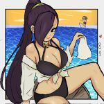  1boy 1girl alternate_costume asymmetrical_bangs bikini black_bikini black_eyes border breasts brown_hair cleavage commentary copyright_name dragon_quest dragon_quest_xi english_commentary front-tie_top hair_over_one_eye handkerchief hero_(dq11) high_ponytail highres holding holding_handkerchief large_breasts looking_to_the_side lunchiblz martina_(dq11) navel o-ring o-ring_bikini ponytail purple_hair sketch smile surfboard surfing swimsuit water white_border 