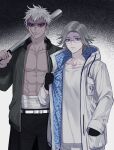  2boys aotsuki_eito baseball_bat belt black_pants covered_navel cowboy_shot frown glasses green_jacket grey_hair hand_in_pocket hand_up holding holding_baseball_bat hood hooded_jacket jacket looking_at_viewer male_focus midriff_sarashi multiple_boys open_clothes open_jacket pants sarashi scar scar_on_face seiran_yoroz short_hair sunglasses the_hundred_line_-last_defense_academy- white_belt white_jacket white_pants yakushiji_takemaru 