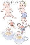  1boy :o child commentary cup goggles goggles_on_headwear highres original peeing swim_cap tatsuro_karma tea tea_leaves tea_strainer teacup teaspoon towel towel_on_head translated white_background 