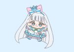  1girl :3 absurdly_long_hair aqua_bow aqua_bowtie bag_bow bare_shoulders blue_background blue_bow blue_brooch blue_crown blue_eyes blue_hairband blue_shoes blue_sleeves blunt_bangs blunt_ends bow bow_legwear bowtie brooch chibi closed_mouth clothing_cutout crown crown_earrings cure_nyammy dot_nose dress dress_bow earrings eyelashes frilled_arm_warmers frilled_dress frilled_sleeves frilled_thigh_strap frills grey_hair hair_bow hairband heart heart_brooch ichigo_usuhana jewelry large_bow light_blush long_hair looking_at_viewer magical_girl medium_dress mini_crown multicolored_bow nekoyashiki_yuki outstretched_arms pink_bow precure shoes short_sleeves shoulder_cutout simple_background single_stripe smile solo straight_hair striped_bow striped_bowtie striped_clothes striped_sleeves tareme thigh_strap thighhighs very_long_hair waist_bag white_arm_warmers white_bag white_bow white_dress white_thighhighs wonderful_precure! 