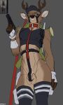 2025 absurd_res animal_genitalia anthro antlers balls bottomless brown_body brown_fur cervine clothed clothing collar crop_top deer digital_media_(artwork) ear_piercing ear_ring femboy fingerless_gloves fur genitals gloves gun handgun handwear harness hat headgear headwear hi_res holding_gun holding_object holding_ranged_weapon holding_weapon horn leash leashed_collar legwear looking_at_viewer male mammal milajanh muzzle_(object) new_world_deer one_eye_closed penis piercing pistol project_zomboid pubes ranged ranged_weapon ring ring_piercing sheath shirt simple_background sketch smile solo standing stockings the_indie_stone thigh_highs topwear tuft weapon