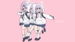  1girl atsuko&#039;s_grin_(meme) atsuko_(blue_archive) backpack bag black_shoes blue_archive blue_skirt commentary_request eating full_body grin halo hand_up hands_up holding_strap hood hood_up hoodie kyu-kurarin_(cevio) leg_up long_hair long_sleeves looking_to_the_side low_twintails meme miniskirt multiple_views parody pink_background pleated_skirt puffy_long_sleeves puffy_sleeves purple_hair red_eyes sanmon_illus shoes simple_background skirt sleeves_past_fingers sleeves_past_wrists smile socks solo standing standing_on_one_leg sweatdrop translation_request twintails v-shaped_eyebrows white_hoodie white_socks 
