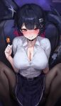 1girl absurdres belt black_belt black_choker black_hair black_pantyhose blue_skirt blush breasts candy choker cleavage clenched_teeth colored_inner_hair ellen_joe ellen_joe_(on_campus) fins fish_tail food highres holding holding_candy holding_food holding_lollipop indoors large_breasts lillly lollipop looking_at_viewer mole mole_under_eye multicolored_hair open_mouth pantyhose pleated_skirt red_eyes red_hair red_nails shark_girl shark_tail shirt short_hair skirt solo tail teeth white_shirt zenless_zone_zero 