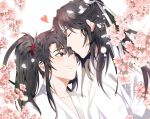  2boys alternate_costume bathrobe black_eyes black_hair blush cherry_blossoms chinese_clothes closed_eyes closed_mouth collarbone couple falling_petals flower hair_ribbon hanfu headband heart high_ponytail highres jujeop kiss kissing_forehead korean_commentary lan_wangji long_hair looking_at_another male_focus modao_zushi multiple_boys one_eye_closed petals pink_flower ponytail ribbon robe sidelocks simple_background smile topknot upper_body wei_wuxian white_background white_headband white_ribbon white_robe yaoi 