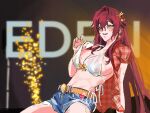  1girl belt blue_shorts bra breasts brown_hair character_name cleavage commentary cosplay denim denim_shorts eden_(honkai_impact) english_commentary gingham gingham_shirt hair_intakes hair_ornament highres honkai_(series) honkai_impact_3rd kwon_eun-bi kwon_eun-bi_(cosplay) large_breasts long_hair open_clothes open_shirt red_shirt shirt short_sleeves shorts solo strap_pull symbol-only_commentary underwear very_long_hair white_bra yaro_yk yellow_eyes yellow_nails 