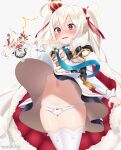  absurdres ahoge anger_vein azur_lane cape commission crown embarrassed fang hair_ornament highres looking_at_viewer navel panties red_eyes silver_hair simple_background skeb_commission thighhighs twintails underwear uu3cm valiant_(azur_lane) white_background white_panties 