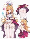  1girl ? absurdres ahoge anger_vein ass blonde_hair breasts chef chef_hat chideno cleavage commentary_request cowlick dress escoffier_(genshin_impact) garter_straps genshin_impact green_eyes hat highres holding holding_ladle ladle large_breasts long_hair looking_at_viewer multiple_views no_bra panties sideboob simple_background thighhighs thighs underwear white_background white_dress white_garter_straps white_panties white_thighhighs 