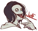  1boy black_hair blood blood_from_mouth blood_on_hands constricted_pupils creepypasta glasgow_smile hand_up hood hood_down hoodie icekana jeff_the_killer looking_at_viewer male_focus pointing pointing_at_self portrait red_eyes short_hair simple_background solo teeth tongue tongue_out upper_teeth_only white_background white_hoodie 