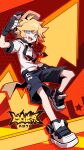  1boy :d ahoge aotu_world arrow_(symbol) baseball_cap belt black_gloves black_hat black_shorts blonde_hair blue_eyes chinese_commentary copyright_name drawstring fang fingerless_gloves full_body gloves hair_between_eyes halftone hand_up hat highres hood hood_down hoodie king_(aotu_world) looking_at_viewer male_focus multicolored_hat multicolored_shoes official_art open_mouth pointy_ears qi_chuang_she red_background shoes short_sleeves shorts smile sneakers solo spiked_hair star_(symbol) teeth white_hoodie white_shoes yellow_belt 