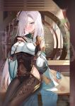  1girl absurdres blue_eyes bodysuit genshin_impact highres hip_vent long_hair looking_at_viewer shenhe_(genshin_impact) solo white_hair zhongwu_chahui 