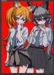  2girls absurdres alternate_costume alternate_hairstyle animal_ears arairestaurant black_hair black_necktie black_skirt brown_eyes brown_hair clothes_around_waist collared_shirt cowboy_shot extra_ears ezo_red_fox_(kemono_friends) fox_ears fox_girl fox_tail glasses grey_hair hair_between_eyes highres kemono_friends long_sleeves multicolored_hair multiple_girls necktie orange_hair pleated_skirt ponytail shirt sidelocks silver_fox_(kemono_friends) skirt sweater sweater_around_waist tail twintails white_shirt 