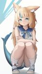 absurd_res anthro big_tail blonde_hair blue_eyes bottomwear clothed clothing ears_up fangs female footwear hair hi_res legwear long_hair looking_at_viewer marine sameko_saba_(vtuber) sandals shark_tail shoes shomo shorts sitting smile solo stockings tail teeth