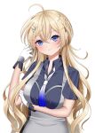  1girl alternate_hair_length alternate_hairstyle blonde_hair blue_eyes blue_neckerchief blue_shirt blush breasts collared_shirt denim denim_skirt gloves gradient_neckerchief gradient_necktie hair_between_eyes hair_ornament hairclip highres kantai_collection large_breasts long_hair looking_at_viewer neckerchief necktie overskirt shirt simple_background skirt smile solo tuscaloosa_(kancolle) two-tone_gloves upper_body white_background white_gloves yomogi_dango 