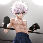  1boy bare_arms bare_pectorals bleeding blood blood_on_face blue_eyes boxing_gloves boxing_ring child commentary_request gloves hunter_x_hunter killua_zoldyck koyama_risu looking_at_viewer male_focus muscular_shota pectorals short_hair shorts solo white_hair 