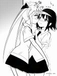 2girls blush closed_mouth collared_shirt commentary_request greyscale kill_me_baby long_hair mannga_saku monochrome multiple_girls nervous_sweating oribe_yasuna pleated_skirt school_uniform shirt short_hair short_sleeves skirt sonya_(kill_me_baby) sweat trembling twintails twitter_username yuri 