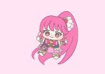  1girl absurdly_long_hair aino_megumi back_bow black_vest boots bow bowtie brooch chibi closed_mouth collared_vest cure_lovely dot_nose earrings eyelashes footwear_bow frilled_skirt frilled_sleeves frilled_vest frills hair_ornament hair_ribbon happinesscharge_precure! happy heart heart_brooch heart_earrings heart_hair_ornament high_ponytail ichigo_usuhana jewelry knee_boots lapels long_hair looking_at_viewer magical_girl miniskirt outstretched_arms pink_background pink_bow pink_bowtie pink_eyes pink_hair pink_skirt pleated_skirt ponytail precure puffy_short_sleeves puffy_sleeves ribbon shirt short_sleeves simple_background skirt smile solo tareme very_long_hair vest waist_bag watch white_arm_warmers white_bag white_boots white_ribbon white_shirt wristwatch 