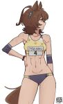  1girl absurdres agnes_tachyon_(umamusume) ahoge animal_ears breasts brown_hair buruma elbow_pads highres horse_ears horse_girl horse_tail ibenq_turbo jewelry medium_breasts navel race_bib red_eyes red_sports_bra short_hair solo sports_bikini sports_bra tail toned toned_female track_and_field track_uniform umamusume wrist_straps 
