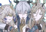  1girl 2boys :d absurdres ai_nanjie antlers arknights arms_around_neck beads blonde_hair blue_outline brown_hair closed_eyes colored_extremities dragon_girl dragon_horns earrings facing_viewer fingernails food green_eyes grey_hair group_picture hair_between_eyes hair_intakes hand_on_another&#039;s_arm heads_together highres holding holding_food horns jewelry ji_(arknights) long_hair long_sleeves looking_at_another lower_teeth_only mole mole_under_eye multicolored_hair multiple_boys necklace open_mouth outline pointy_ears purple_hair shu_(arknights) sideways_glance simple_background smile streaked_hair sweatdrop teeth upper_body white_background yi_(arknights) 