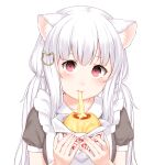  1girl animal_ears cat_ears cat_girl collarbone commission eating eyebrows_visible_through_hair food hair_ornament highres holding holding_food looking_at_viewer original pink_eyes puffy_short_sleeves puffy_sleeves short_sleeves solo susukitten transparent_background upper_body white_hair 