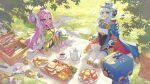  2girls absurdres ahoge aino_(genshin_impact) android aqinorz artist_name bandages birgitta_(genshin_impact) black_tea blue_cape blue_eyes blue_hair bread cape cup food fried_egg fruit gears genshin_impact hair_ornament hat highres holding holding_cup holding_plate ineffa_(genshin_impact) long_hair long_sleeves meadow mechanical_arms multiple_girls open_mouth outdoors paper picnic pink_hair plate robot_girl screwdriver seiza sidelocks sitting sleeves_past_fingers sleeves_past_wrists tea teapot teeth upper_teeth_only wrench x_hair_ornament 