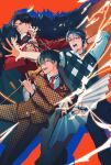  3boys :o \m/ amayado_rei aqua_hair argyle_clothes argyle_sweater_vest battle beard_stubble black_hair black_trim blue_hair blue_pants brown_suit chain chain_necklace closed_eyes coat coat_on_shoulders collared_shirt contrast_collar crossed_arms curtained_hair dotsuitare_hompo drop_shadow eyewear_strap facial_hair feet_out_of_frame fur_coat furrowed_brow glasses green_eyes grey_eyes hair_between_eyes hair_slicked_back hand_fan hand_fan_writing hand_on_own_head headset heterochromia highres holding holding_fan holding_microphone_stand houndstooth hypnosis_mic hypnosis_microphone jacket jewelry jpeg_artifacts lapel_pin legs_apart lightning long_sleeves loose_hair_strand male_focus microphone_stand mpd13_0 multicolored_hair multiple_boys mustache_stubble necklace necktie nurude_sasara open_hand orange_background outstretched_arm pants parted_bangs parted_lips partially_unbuttoned pendant_choker red_eyes red_necktie red_shirt round_eyewear scar scar_across_eye scar_on_face shirt shirt_tucked_in short_hair sideburns sleeves_rolled_up smirk streaked_hair stubble suit suit_jacket sweater_vest tsutsujimori_rosho unmoving_pattern v-shaped_eyebrows watch wavy_hair white_pants white_shirt wristwatch 