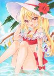  1girl alternate_costume alternate_headwear bikini blonde_hair blue_sky blush breasts cloud commentary crystal crystal_wings day fang flandre_scarlet flower hashtag-only_commentary hat hibiscus highres long_hair looking_at_viewer multicolored_wings one_side_up open_mouth outdoors pointy_ears red_bikini red_eyes red_flower skin_fang sky small_breasts smile solo swimsuit touhou water watermark white_hat wings yuiki_(cube) 