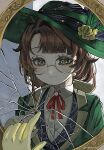  1girl broken_mirror brown_hair collared_shirt feathers flower glasses gloves green_eyes green_feathers green_hat green_jacket hand_on_mirror hand_up hat hat_feather hat_flower jacket kakania_(reverse:1999) koma_komeko long_hair looking_at_mirror mirror neck_ribbon red_ribbon reflection reflection_focus reverse:1999 ribbon round_eyewear shirt solo upper_body white_shirt yellow_flower yellow_gloves 
