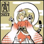  1girl 2022 adapted_costume animal_ears animal_hands bangs black_hair blonde_hair chinese_zodiac egasumi gloves hair_ornament hands_up japanese_clothes kemonomimi_mode kimono long_sleeves looking_at_viewer multicolored_hair open_mouth paw_gloves red_kimono short_hair smile solo streaked_hair tail tiger_ears tiger_paws tiger_tail toramaru_shou touhou two-tone_hair upper_body wide_sleeves year_of_the_tiger yellow_eyes yudepii 