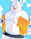  1boy animal_ears bandaid bandaid_on_cheek bandaid_on_face bara belly black_male_underwear boxers claws closed_eyes dog_boy dog_ears dog_nose dog_tail fangs fat furry furry_male hashtag-only_commentary highres live_a_hero male_focus male_underwear nipples open_mouth orange_shirt oyo0o0o pawpads pectorals plump ponytail shirt squeans tail underwear white_fur yawning yohack 