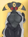 3:4 angela_watson_(shay_the_one) anthro anthrofied big_breasts biped black_body black_bodysuit black_clothing black_fur black_hair black_latex black_skinsuit bodily_fluids bodysuit breasts cleavage clothed clothing coat eeveelution eyes_closed eyewear female fur game_freak generation_2_pokemon glasses hair hi_res huge_breasts lab_coat latex latex_bodysuit latex_clothing latex_skinsuit markings nintendo pokemon pokemon_(species) pokemorph shay_the_one skinsuit solo sweat thick_thighs tight_clothing topwear umbreon undressing unzipped unzipped_bodysuit wearing_glasses white_clothing white_coat white_topwear yellow_markings zipper